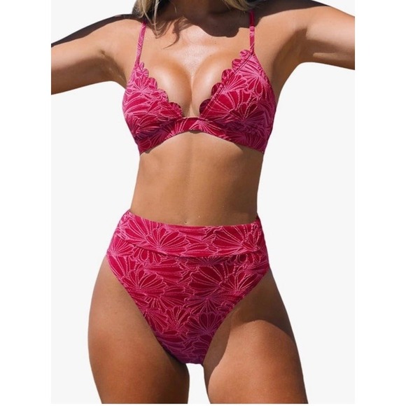 Cupshe Vikini Set For Women Bathing Suit Waisted Scalloped V Neck  2pcs Swimsuit - Picture 1 of 4